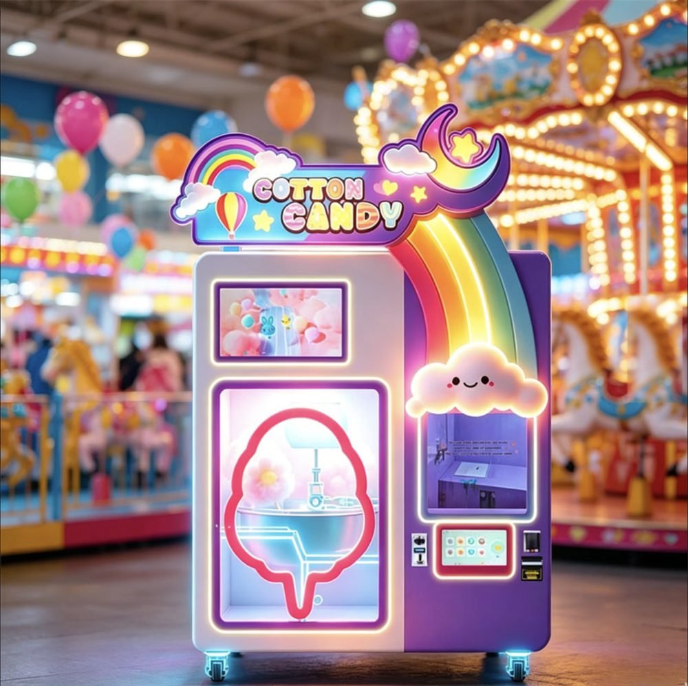 Fluffy Dreams cotton candy kiosk installed in a high-traffic venue